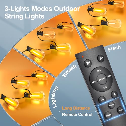Outdoor String Led Patio Lights - 50Ft 15M Outside Waterproof Light With Remote Dimmable ST38 Shatterproof Bulb Connectable Hanging Outdoor Electric Lighting For Backyard Yard Gazebo Porch Party - size: 50FT-Remote