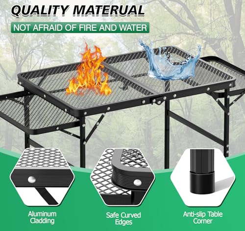Folding Grill Table 30.3" Height Adjustable, Outdoor Camping Table with 2 Extra Desktops, 3x2 FT Portable Metal Grill Table for Outside for Picnic BBQ Camping Beach - style: 30.3"H Grill Table