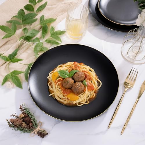 EI enjonirinjonir 80pcs Black and Gold Dinner Plates Disposable 10.25inch,Plastic Party Plates with Gold Rim,Black Plastic Matte plate Frosted Disposable Heavy Duty,Elegant for Wedding/Tea Party - color: Black and Gold Frosted Plastic Dinner Plates