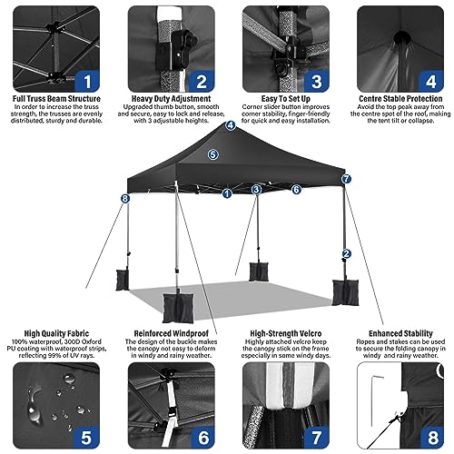 COBIZI 10x10 Heavy Duty Pop Up Canopy Tent with 4 Sidewalls Thicken Frame, Commercial Easy Up Outdoor Wedding Party Tents, All Season Waterproof Windproof with Stakes Sandbags Ropes Roller Bag, Black - color: Black, size: 10x10