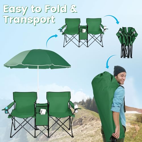 COSTWAY Double Portable Picnic Chairs, Folding Camping Chairs w/Detachable Umbrella, Cooler Bag, Cup Holders, Patio Beach Camping Chairs for Outdoors, Green - color: Green