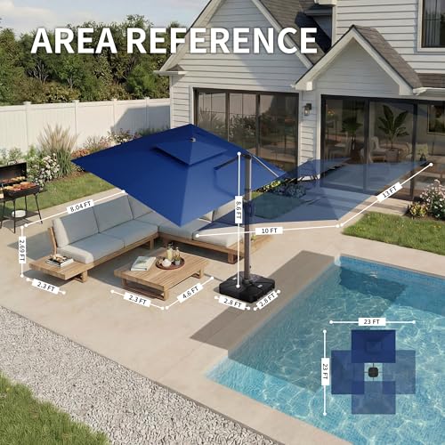 10 X 13 FT Cantilever Patio Umbrella with Led Lights and Base Included Outdoor Heavy Duty Double Top Rectangle Offset Umbrellas with 360-degree Rotation for Pool Deck Backyard, Navy - color: Navy, size: 10' X13'-Weighted Base Included