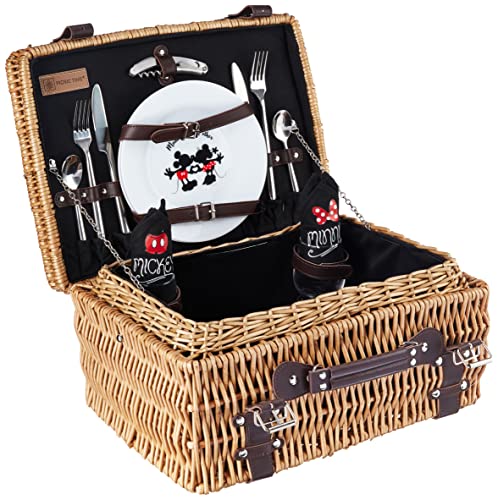 PICNIC TIME Disney Mickey and Minnie Mouse Champion Wicker Picnic Basket for 2 with Deluxe Cutlery Service Kit, Large Suitcase Style Picnic Set with Leatherette Handle (Black with Brown Accents) - color: Disney Mickey Mouse & Minnie Mouse - Black With Bro