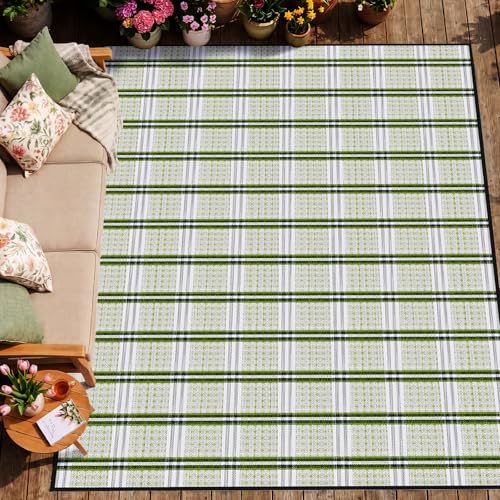UPGRADE Waterproof Outdoor Rug 8x10 ft, Reversible Plastic Patio Rug, UV Resistant Straw Camping Mat with Carry Bag for RV Beach Deck Backyard, Green & White - color: Green & White, size: 8' x 10'