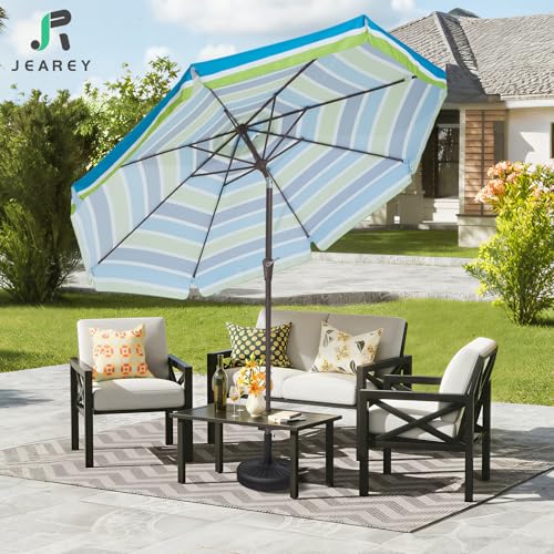 JEAREY 9 FT Patio Umbrella Outdoor, Table Umbrellas Market Umbrella w/Push Button Tilt/Crank, 8 Sturdy Ribs(Blue Green Striped) - color: Blue Green Striped