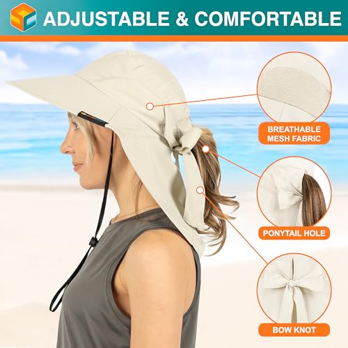 SUN CUBE Wide Brim Sun Hat with Neck Flap, UPF50+ Hiking Safari Fishing Hat for Men Women, Sun Protection Beach Hat - color: Beige With Bow