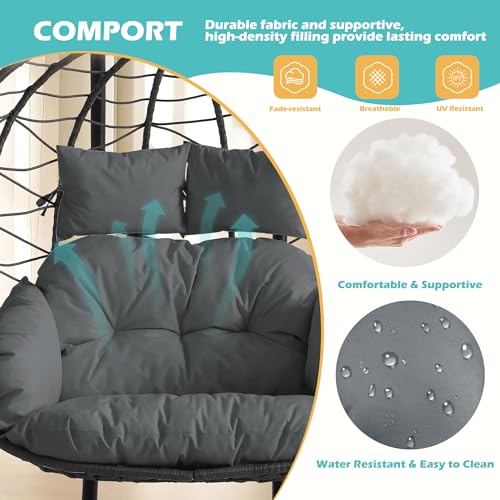 Double Outdoor Hanging Egg Chair with Stand & Oversized Cushion, 700LBS Capacity Heavy-Duty Patio Swing Hammock Chair, Thickened Metal Frame for Garden, Balcony, Bedroom (Gray, Grand) - color: Grey, size: Grand