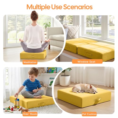 MeMoreCool Square Floor Pillow Seating for Adults Kids, Large Meditation Cushion Floor Pillow with Thick Foam & Soft Tufted Cover, Washable Big Pillow Seat Floor Cushion for Sitting Yoga 22" Yellow - color: Mustard Yellow, size: 22 Inch