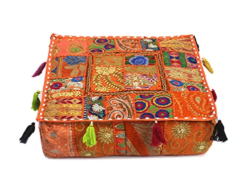 Mam Treasures Indian Bohemian Decorative Pillow Vintage Cushion Cover Patchwork Square Floor Pillow Cover Meditation Cushion Large Floor Pillow Indian Cushion (Orange, 16 X 16 X 5 Inch) - color: Orange, size: 16" x 16" (Pack of 1)