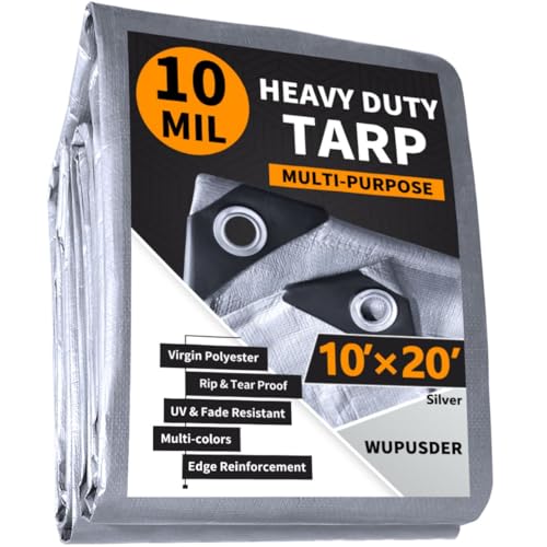 10'x20' Heavy Duty Tarp, 10Mil Silver Waterproof Tarps with Grommets, UV Resistant, Poly Tarpaulin with Reinforced Edges, Cover for Car, Roof, Camping - color: Silver-10mil, size: 10'×20'