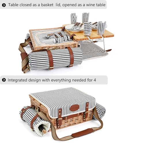Multifunctional Wicker Picnic Basket Set for 4 with Blanket and Picnic Table, Insulated Picnic Set with Full Tablewares for Camping Outdoor Couples, Stripes - color: Stripes With Blanket &Table for 4