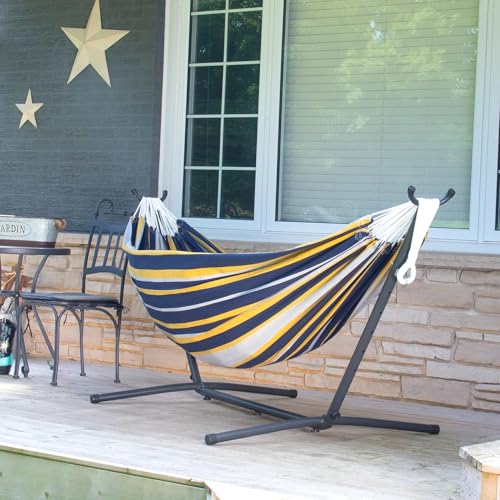 Vivere Double Cotton Hammock with Space Saving Steel Stand, Upgraded Polyester End Strings 450 lb Capacity - Premium Carry Bag Included - USA Grown Cotton (Serenity) - color: Serenity