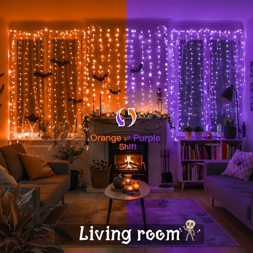 suddus Color Changing Curtain Lights for Halloween, 200 LED 6.5ft x 6.5ft Hanging String Lights with USB, Curtain Fairy Lights Indoor for Bedroom Wall, Party, Porch, Holiday, Purple and Orange - color: Purple & Orange, size: USB-200 LED