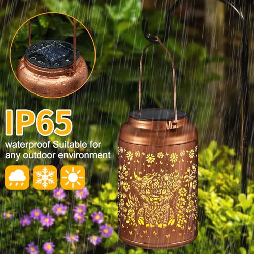 Solar Lanterns Outdoor Waterproof Garden Decor Birthday Gifts for Women Mom Grandma Hanging Solar Lights Metal Decoration Outside for Yard, Patio (Highland Cattle) - style: Highland Cattle