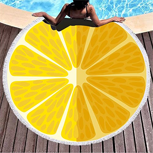Round Beach Towel Oversized , 59" Circle Beach Blanket with Tassel , Microfiber Round Beach Towel with Fringe , Large Picnic Yoga Mat Kids Play Area Rug , Tropical Fruits Swim Pool Towels (lemon) - color: Lemon