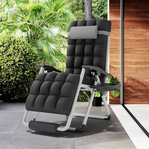 MoNiBloom Zero Gravity Lounge Chair with Cushion, Padded Patio Anti Gravity Recliner, Foldable Outdoor Lounger with Cup Holder Tray, Headrest and Footrest for Beach Camping, Grey - color: Grey, size: Standard with Footrest 1-Pack