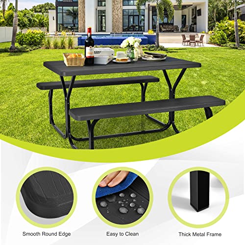 Moccha Picnic Table Bench Set - Portable Plastic Picnic Table w/Steel Frame & Wood-Like Texture, All Weather Heavy Duty Picnic Table Kit, Picnic Tables for Outdoors Garden Patio Party Dining (Black) - color: Black