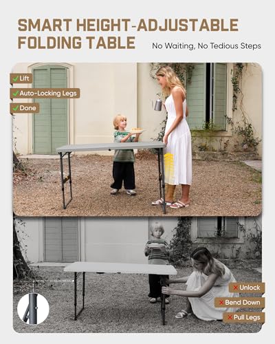 FanttikOutdoor Folding Table 4 Foot, Effortless Quick Adjustable Height Foldable Small Card Table, Fixing Lock, Stable for Party Dining Events Picnic Indoor Outdoor Camping, 1 Pack, Zeta X4 Pro Grey - color: Grey