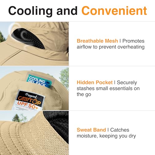 GearTOP Wide Brim Sun Hat for Men & Women, UPF 50+ Fishing Hat with Detachable Neck Flap & Face Cover Gardening Boonie Sunhat - color: Khaki With Flaps
