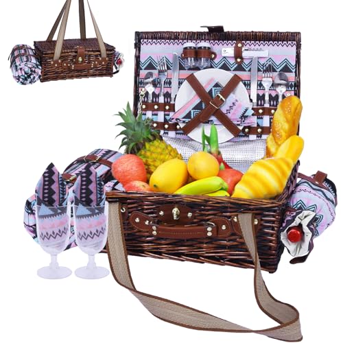 Neti Neti Wicker Picnic Basket for 2 Boho with Insulated Cooler & Waterproof Blanket – Large Willow Picnic Hamper for Outdoor, Camping, Beach, Romantic Dates, Valentine’s Day - color: Boho 1