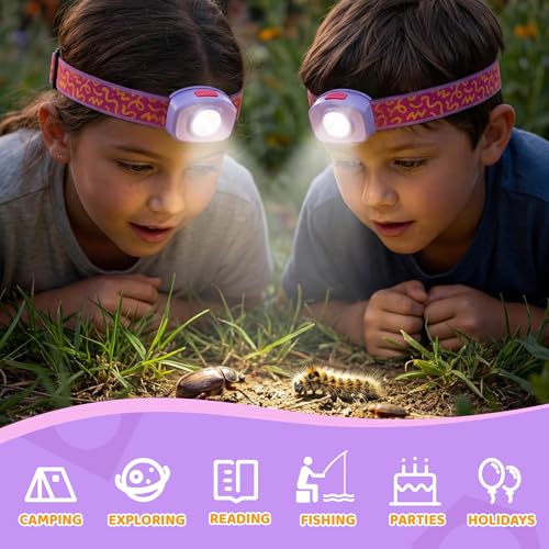 EverBrite LED Headlamp Rechargeable Kids Headlamp with RGB Mode and Adjustable Headband, 3 Modes Multicolor Headlamp for Camping, Reading, Exploring, Hiking-2 Pack - color: Sweety 2 Pack