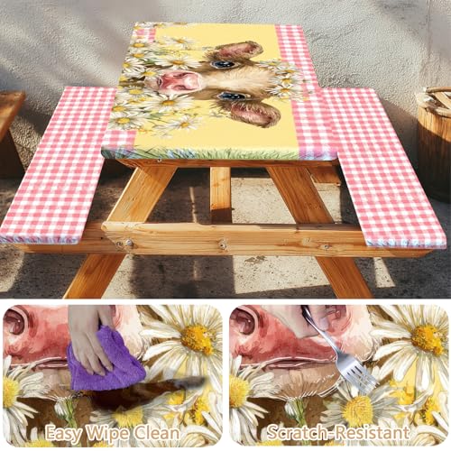 Picnic Table Cover with Bench Covers Elastic Edges, Outdoor Patio Camping Essentials 72 Inch 3PCS, Waterproof Camping Fitted Tablecloth with Handbags (Pink check daisy cow) - color: Pink checkered cow