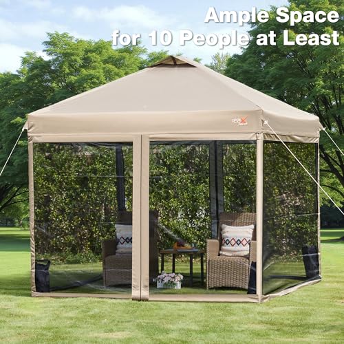 10x10 Pop Up Canopy Tent with Mosquito Netting, Outdoor Portable Screen Tent for Yard, Party, Camping and Picnic, 3 Height Positions, Patio Gazebo with Roller Bag and 4 Sandbags, Khaki - color: Khaki