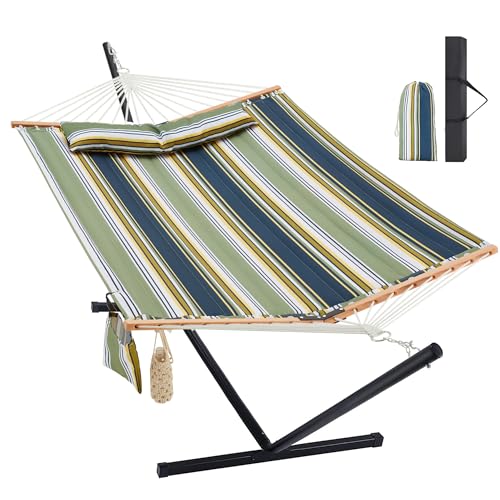 Homgava Two Person Hammock with Stand for Outside Heavy Duty, Outdoor Patio Hammock with Portable Steel Stand, Large Double Hammocks,480lbs Capacity.(Grey Stripes) - color: Grey Stripes