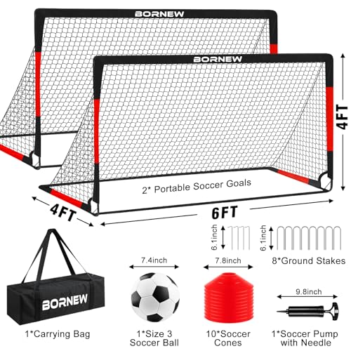Kids Soccer Goal for Backyard Set - 2 Set of 7X5 / 6X4 ft Toddler Soccer Nets Training Equipment, Soccer Ball, Pop Up Portable Soccer Set for Kids and Youth Games and Training Goals Ages 3-16 Gift - color: 2.Black Red