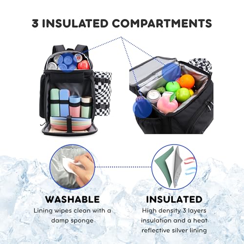 J World Picnic Backpack Cooler for 4. Insulated Picnic Basket Set with Folding Waterproof Blanket. Beach Camping Wedding Engagement Gift for Couples, Black - color: Black