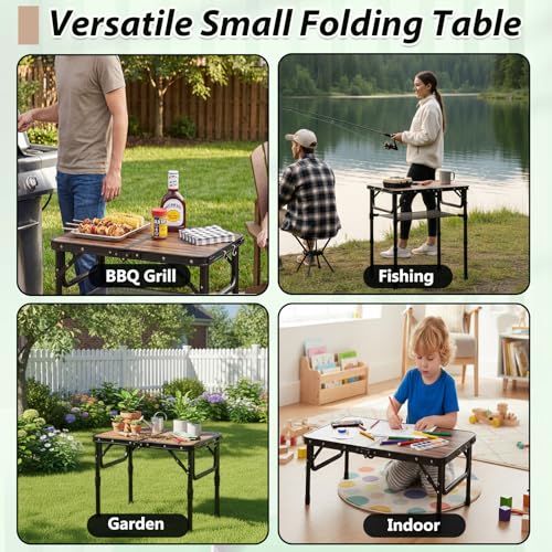 YihuiKo Folding Picnic Table with Storage Net, 3 Adjustable Heights Aluminum Small Folding Table, Lightweight, Portable Carrying Handle, for Camping Travel Outdoor - size: 24"L x 16"W x 27"H Plank-style Wood Grain