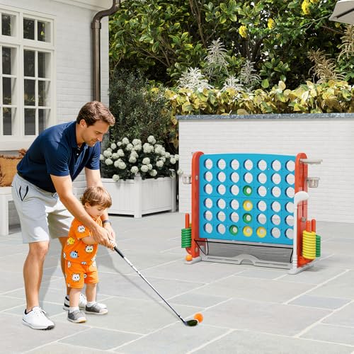 Costzon Giant 4-in-A-Row Connect Game, Height Adjustable 4-in-1 Jumbo 4-to-Score Yard Game with Golf, Ring Toss, Basketball, Cup Holder & Mesh Net, Indoor Outdoor Game for Kids Adults Family Party - color: Blue/Orange