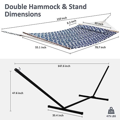 SUNCREAT Two Person Hammock with Stand, 475 lbs Capacity, Portable Patio Hammock with Hardwood Spreader Bar, Large Soft Pillow, Blue Pattern - color: Navy&white, size: 12 ft Stand