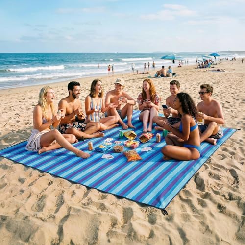 OIGAE Extra Large Beach Blanket, 10×10 ft Sand-Free Outdoor Picnic Mat for Groups, Water-Resistant Windproof Blanket with Stakes, Blue Stripe - color: Blue Stripe, size: 10x10 Ft (2～10 person)