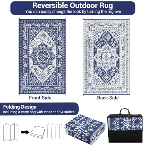 GarveeHome Outdoor Patio Rug Waterproof 10x14 Reversible Outdoor Plastic Straw Rug Patio Rugs with 4 Stakes & Portable Bag Carpet RV Mat for Deck Backyard Patio RV Camping Beach, Navy and White - color: Vintage Navy/White, size: 10' x 14' (Rectangular)