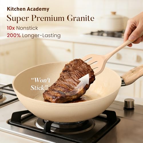 Kitchen Academy 12-Piece Induction Cookware Set, Nonstick Granite Pots and Pans in Beige - color: Beige, size: 12 PCS Cookware Set