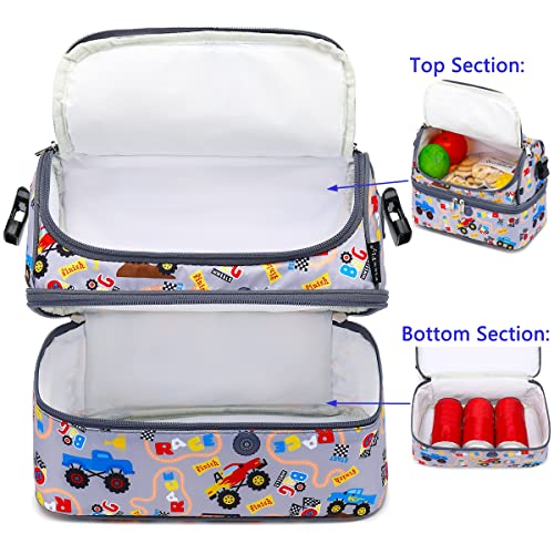 FlowFly Double Decker Cooler Insulated Lunch Bag Large Tote for Boys, Girls, Men, Women, With Adjustable Strap (Truck) - color: Truck