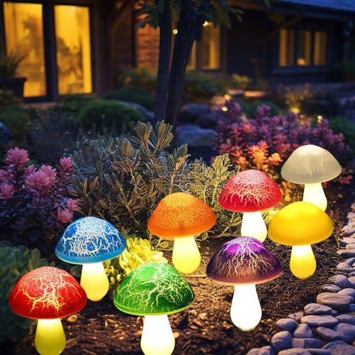 Solar Garden Decor Lights 8 Crack Mushrooms Outdoor Decor Stake Lights, Waterproof Solar Pathway Light Gardening Gifts for Garden Gnomes Backyard Flower Bed Christmas Decorations - color: Multicolor