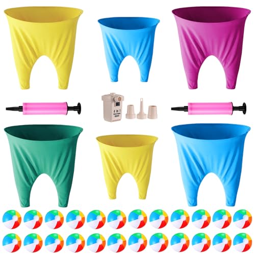 Granny Pants Yard Game Set, Granny Pants Family Outdoor Party Games, Oversized Pants with Bouncy Balls and Electric Air Pump, Outdoor Tossing Games for Adult Yard Game Birthday Party Family Reunion - color: 4 Oversized Red Blue Yellow Green + 2 Small Size