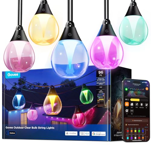 Govee Clear Bulb Outdoor String Lights, 96ft RGBWIC Dimmable Patio & Backyard Lights with 30 LED Bulbs, 111 Modes, IP67 Waterproof & Shatterproof, Works with Alexa, Google & Matter - size: 96ft