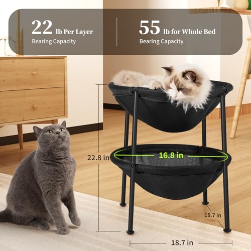 JUNSPOW Double Cat Bed Black, Breathable Pet Bed for 2 Cats with 4 Adjustable Feet & Anti-Slip Mats, Easy Assembly Cat Hammock for Multi-cat Household, Indoors & Outdoors, 22.8 in x18.7 in x 18.7 in - color: Black, size: 18.7"L x 18.7"W x 22.8"Th (Mesh)
