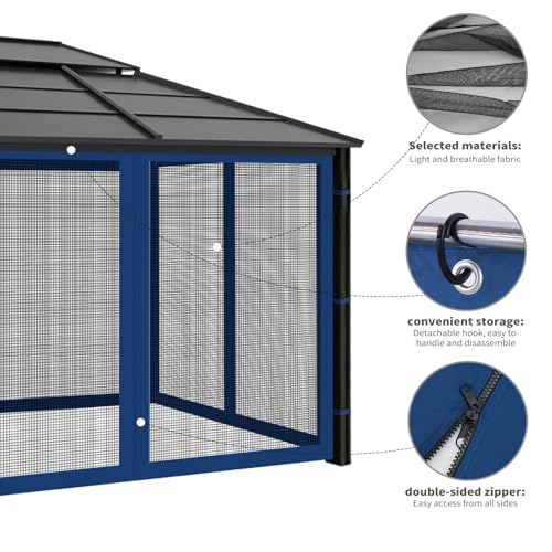 Gazebo Replacement Mosquito Netting Outdoor Universal Gazebo Canopy 4-Panels Screen Sidewalls with Zipper for Patio Garden (Navy Blue, 10x10) - color: Navy Blue, size: 10x10