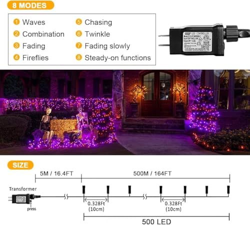 weillsnow 164FT 500 LED Halloween Lights, 8 Modes Waterproof Plug in String Lights for Halloween Indoor Outdoor Yard Party Wedding Garden Home Decorations (Purple & Orange) - color: Orange&Purple, size: 164FT