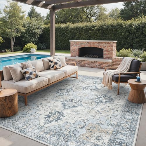GENIMO Outdoor & Indoor Area Rug 8'x10', Waterproof, Non-Shedding, Easy Cleaning, Boho Mat for Patio, Living Room, Balcony, Dining Room, RV, Deck, Bedroom, Camping, Outside Carpet,Blue - color: Blue, size: 8' x 10' (Rectangular)