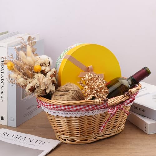 2 Pack 12.6 Inch Natural Wicker Basket with Checkered Lining, Oval Wicker Woven Basket with Handle, Willow Woven Picnic Baskets for Picnic, Camping, Party(Small) - size: 2 Pack 12.6in Natural(round Willow)