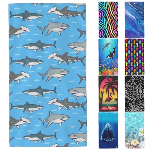 Sharks Microfiber Beach Towels,Sharks and Small Fish in Ocean Oversized Absorbent Bath Towels,Soft Quick Dry Thin Camping Towel for Adults Women Men,29.5"×59" - color: Sharks and Small Fish in Ocean