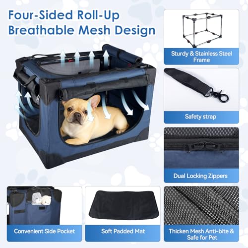 Soft Small Dog Crate - 24 inch Portable Travel Puppy Crate for Small Pets or 2 Cats, Collapsible Pet Carrier with 4 Mesh Doors, Car Kennel for Dogs with Handle for Indoor and Outdoor, Bule - color: Blue