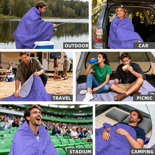 Large Outdoor Waterproof Blanket Extra Thick Fleece Stadium Blanket for Camping, Car, Pet, Picnics - Windproof, Wearable, Machine Washable 80" x 58" (Purple,Hooded) - color: Hooded-purple