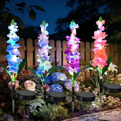 4 Pack Color Changing Solar Lights Outdoor Waterproof, Solar Delphinium Flower Stake Lights Auto ON/Off Solar Garden Lights for Spring Lawn Pathway Landscape Birthday Gifts for Mom Women Grandma - color: Delphinium Flowers