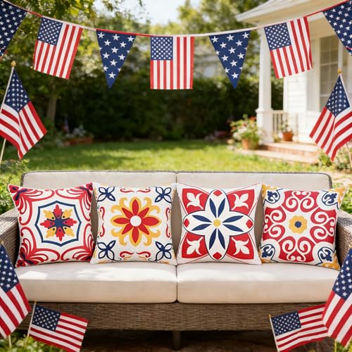 Pyonic 4th of July Outdoor Pillows Waterproof Throw Pillow Covers Set of 4 Red Blue White Floral Printed Patriotic Outdoor Pillow Covers for Patio Funiture Garden 18x18 Inch-Double Side - color: Red Blue, size: 18" x 18" (Pack of 4)